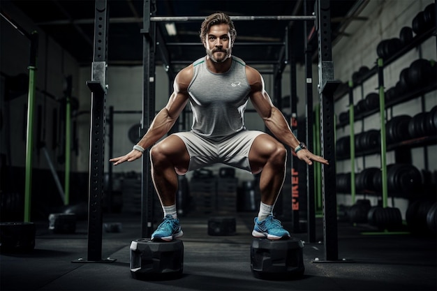 Muscular fitness man doing air squat in the gym