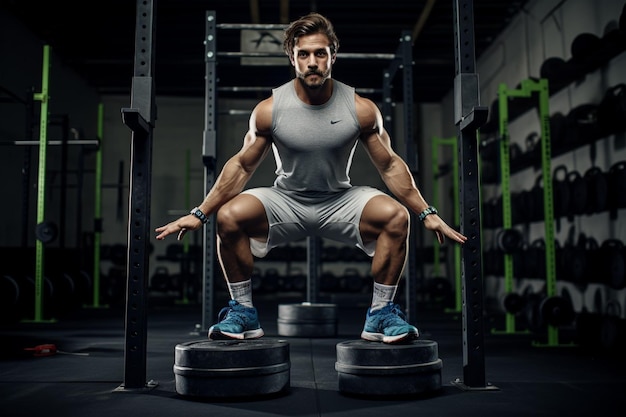 Muscular fitness man doing air squat in the gym