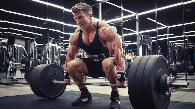 Muscular fitness man preparing to deadlift a barbell over his head in modern fitness center