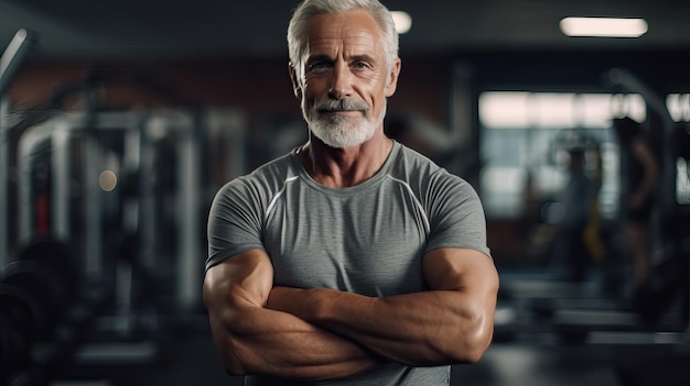 Muscular GrayHaired Man in Gym Fitness Center Pose