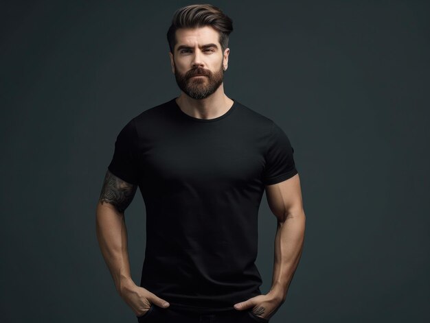 Muscular handsome man in black tshirt Realistic t shirt mockup