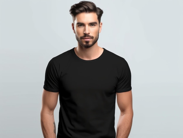 Photo muscular handsome man in black tshirt realistic t shirt mockup