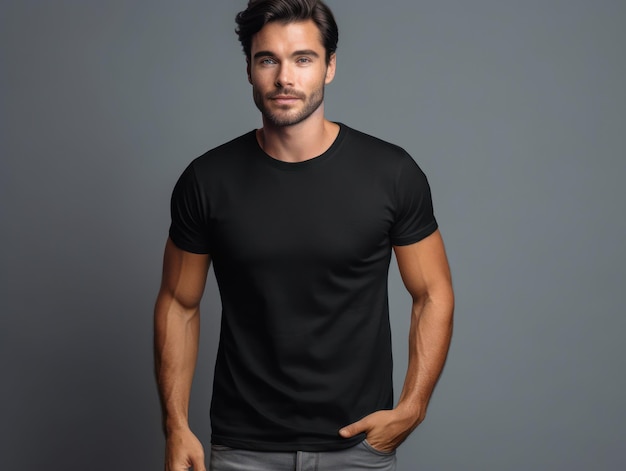 Muscular handsome man in black tshirt Realistic t shirt mockup