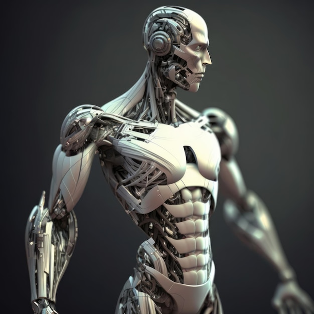 ジェネレーティブ AI 技術を使用して作成された、白いロボット パーツを備えた筋肉質のヒューマン ロボット