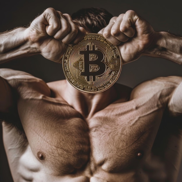 A muscular individual holds a golden Bitcoin in front of their face symbolizing strength and stability in cryptocurrency The contrast between human resilience and digital currency