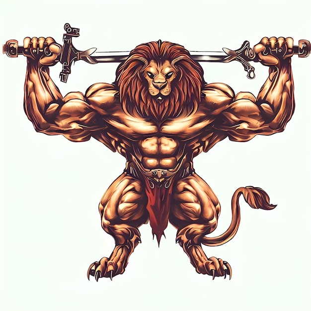 A muscular lion with a sword on his shoulder.