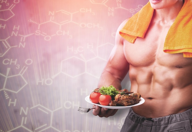 Мускулистое мужское тело и формула гормона тестостерона.