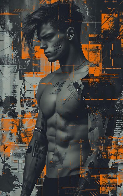 Foto modello maschile muscoloso con braccio cibernetico modella polacca high fashion collezione di pose alla moda