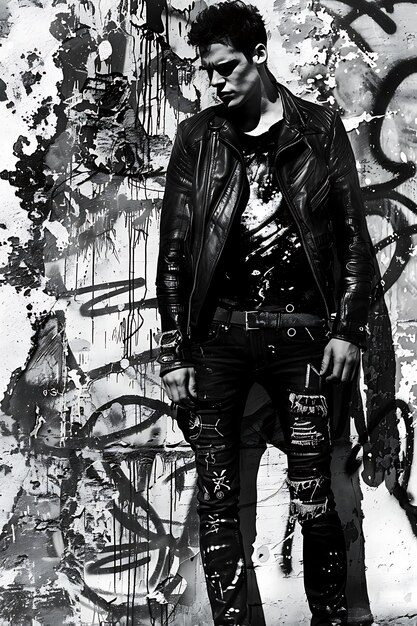 Photo muscular male model with leather biker jacket with rebelliou high fashion forward boutique style