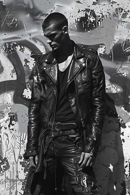 Photo muscular male model with leather motorcycle jacket with rebe high fashion forward boutique style