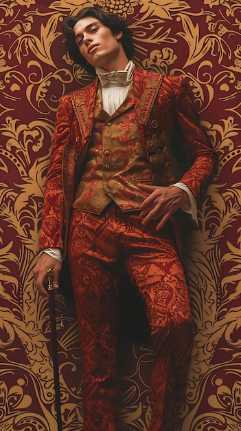 Photo muscular male model with opulent brocade suit and cane with high fashion forward boutique style