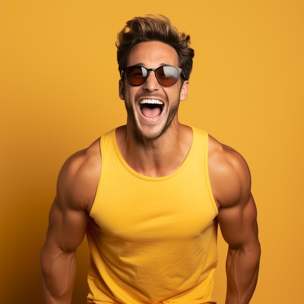 Muscular male model on yellow background