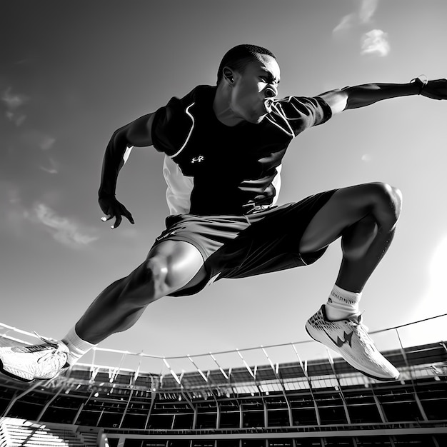 Foto un uomo muscoloso catturato in aria mentre salta in una palestra moderna mostrando la sua atletica