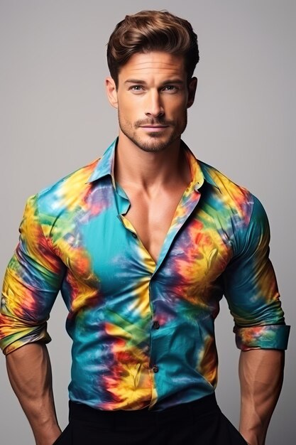 Photo muscular man in colorful casual shirt fit man bodybuilder