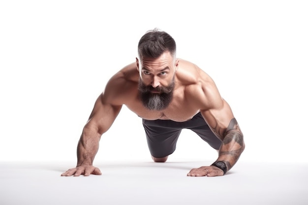 Muscular man doing pushups isolated on white background Generative AI