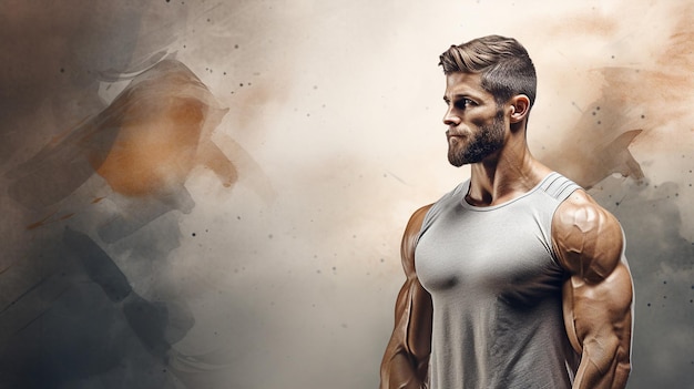 Muscular man in a dynamic pose with a dramatic background