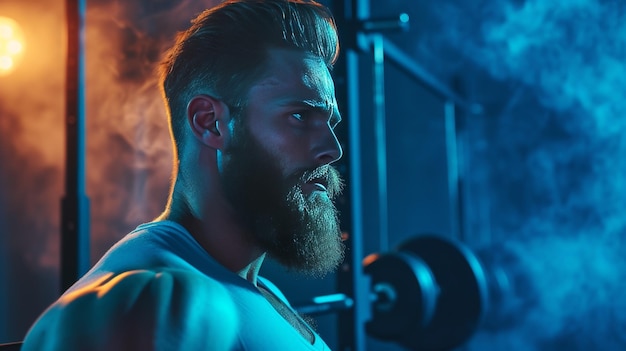 Photo muscular man holding a barbell in the gym