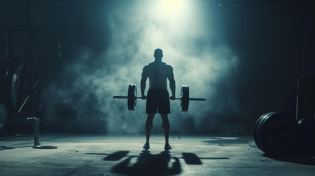 Photo muscular man holding a barbell in the gym
