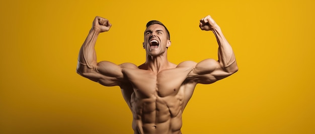 Foto un uomo muscoloso sta piegando i suoi muscoli isolato