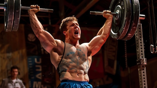 Photo a muscular man is lifting a heavy barbell he is screaming in exertion his face is red and his veins are bulging