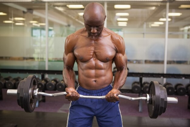 Muscular man lifting barbell in gym