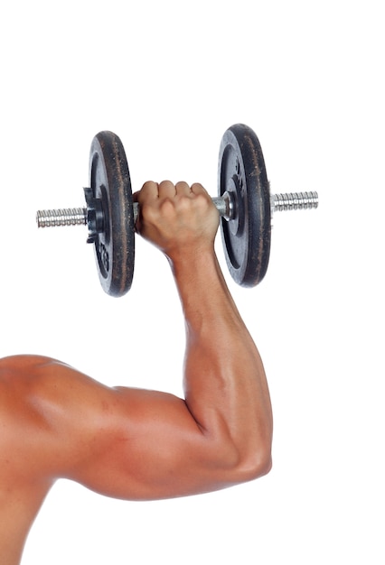 Muscular man lifting weights isolated on white background