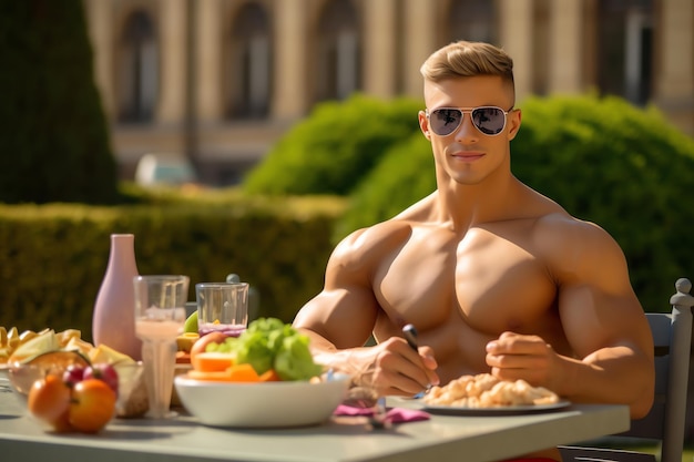 A muscular man sits at a table in a park, eating breakfast.