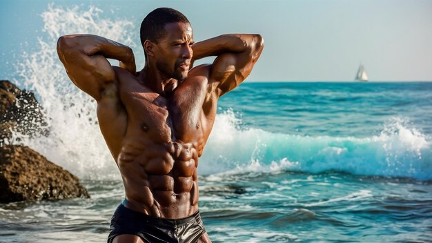 Muscular man stretching arms behind back at sea
