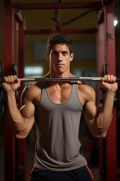 Photo muscular man weightlifting in the gym