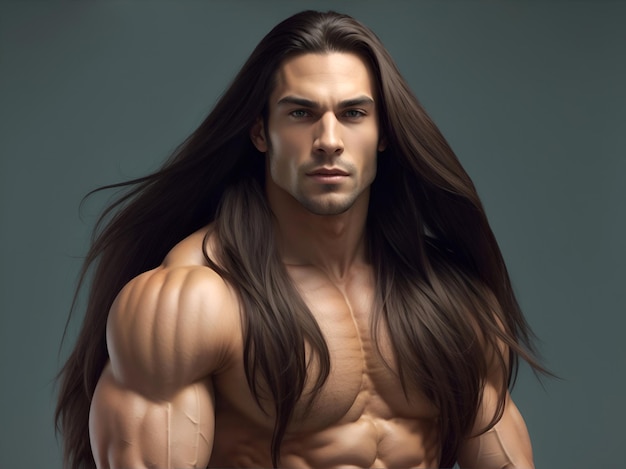 A muscular man with long brown hair looking to the camera