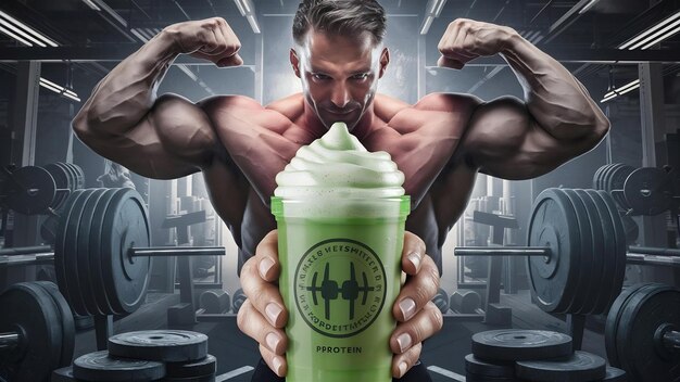 Muscular man with protein drink in shaker