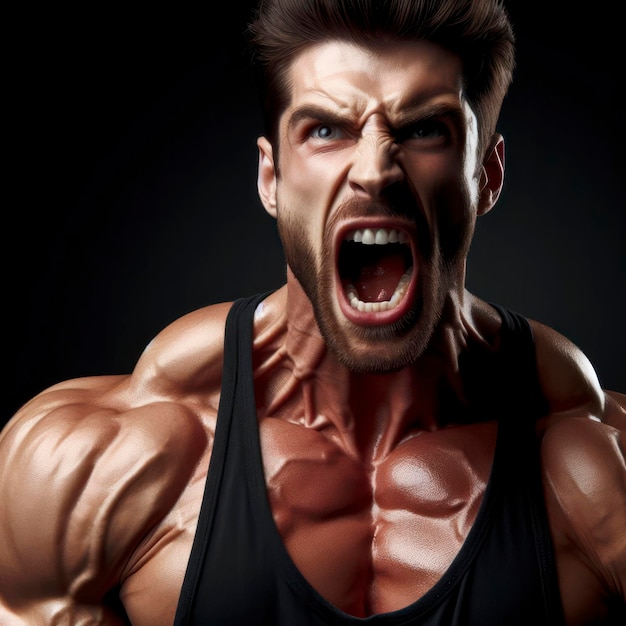 muscular man with tense muscles and screaming copy space on a black background