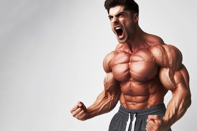 muscular man with tense muscles and screaming copy space on a white background