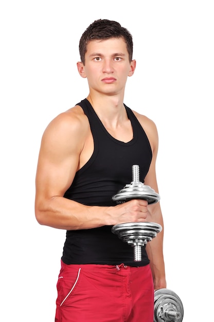 Photo muscular man with two dumbbells