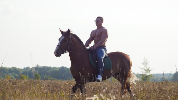 Muscular man without shirt riding horse in the field