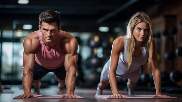 A muscular man and woman doing pushups in a gym