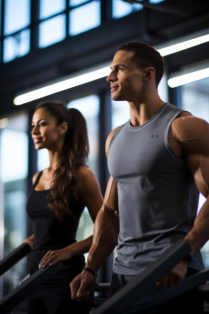 Muscular man and woman on a treadmill