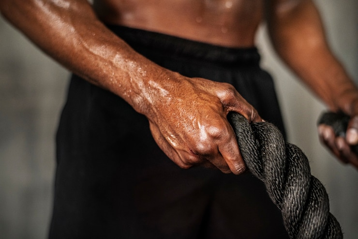 Photo muscular man working out on the battle ropes in a gym