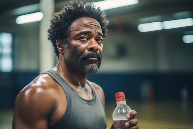 Мускулистый африканский американец средних лет в спортзале с бутылкой воды. Он закончил тренировку и собирается утолить жажду. Спорт как средство от старения