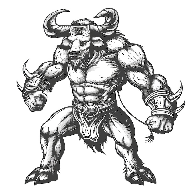Photo muscular minotaur with horns and arm bands