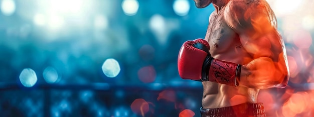 Foto combattente muscolare di arti marziali miste in una posizione di combattimento che indossa guanti da boxe rossi con uno sfocato