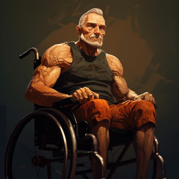 A muscular old man on a wheelchair