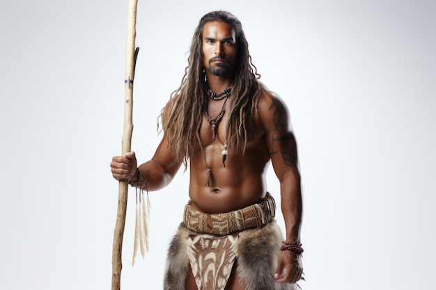 Photo muscular polynesian man holding a wooden staff