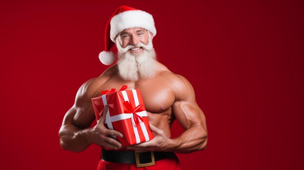 muscular Santa Claus with a gift isolated on red place for text