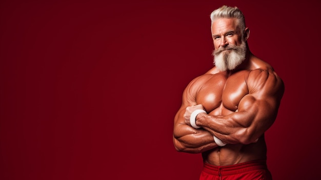 Muscular santa claus with a gift isolated on red place for text