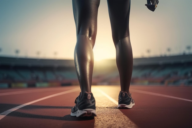 Muscular slender legs of black athletic woman on running track of stadium outdoors Closeup rear view low angle view Generative AI