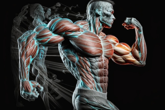 Photo muscular strength and pumping of arm muscle fibers created with generative ai