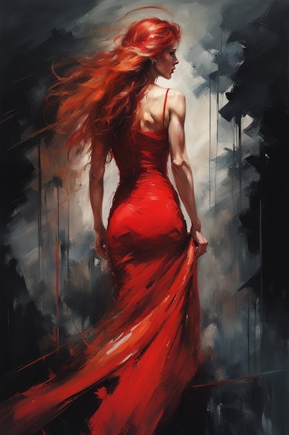 muscular tall black fit adult woman with lshort hair wearing a red dres in dark esoteric atmosphere