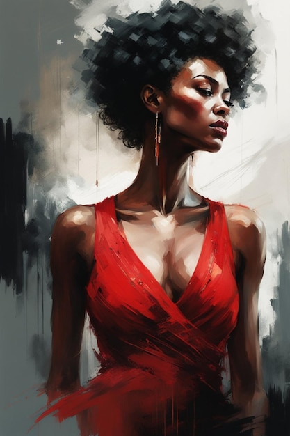 muscular tall black fit adult woman with lshort hair wearing a red dres in dark esoteric atmosphere