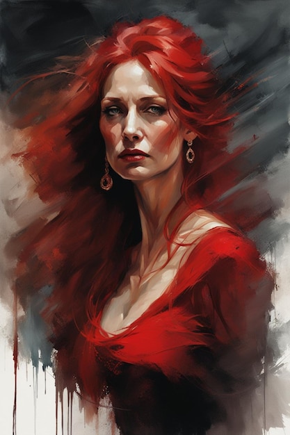 muscular tall caucasian adult woman with long red hair wearing a red dres in dark esoteric atmospher